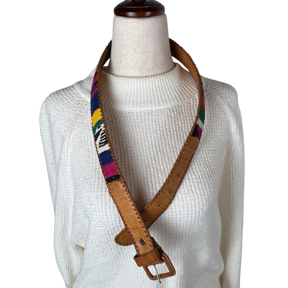 Vintage Womens Leather Woven Traditional Guatemalan Belt Colorful Textile Sz 32